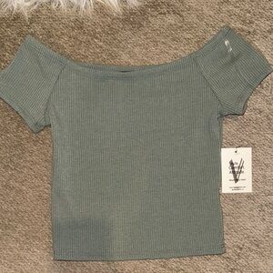 Off-Shoulder Ribbed Top in Sage Green